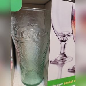 NEW Vintage Libbey Coca-Cola Enjoy Coke Green Tint Pebbled Glass 16 oz set of 4